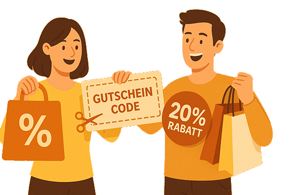 Comic-Menschen halten Rabattschild und Gutschein-Codes